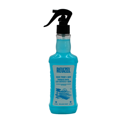 Filled spray bottle with Reuzel Hair Tonic with black nozzle labeled 'Reuzel' on a white background