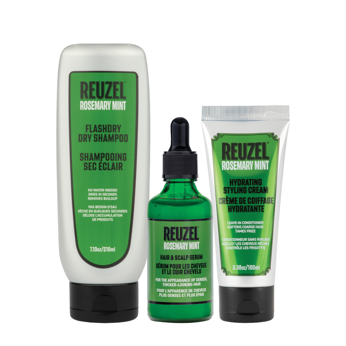 A three-piece REUZEL Rosemary Mint hair care set on a white background, including a FLASHDRY dry Shampoo bottle, a Hair & Scalp Serum dropper bottle, and a Hydrating Styling Cream tube.