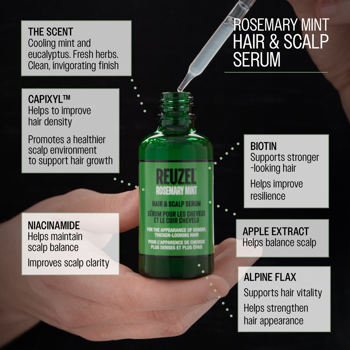 A hand holds a green bottle of REUZEL Rosemary Mint Hair & Scalp Serum bottle with a dropper above it on a dark background, surrounded by white text callouts listing ingredients and benefits. The benefits are "The scent: cooling mint and eucalyptus. Fresh herbs. Clean, invigorating finish. Capixyl helps to improve hair density, promotes fuller - looking hair. Promotes a healthier scalp environment to support hair growth" Niacinamide helps maintain scalp balance, scalp clarity. Alpine Flax supports 
