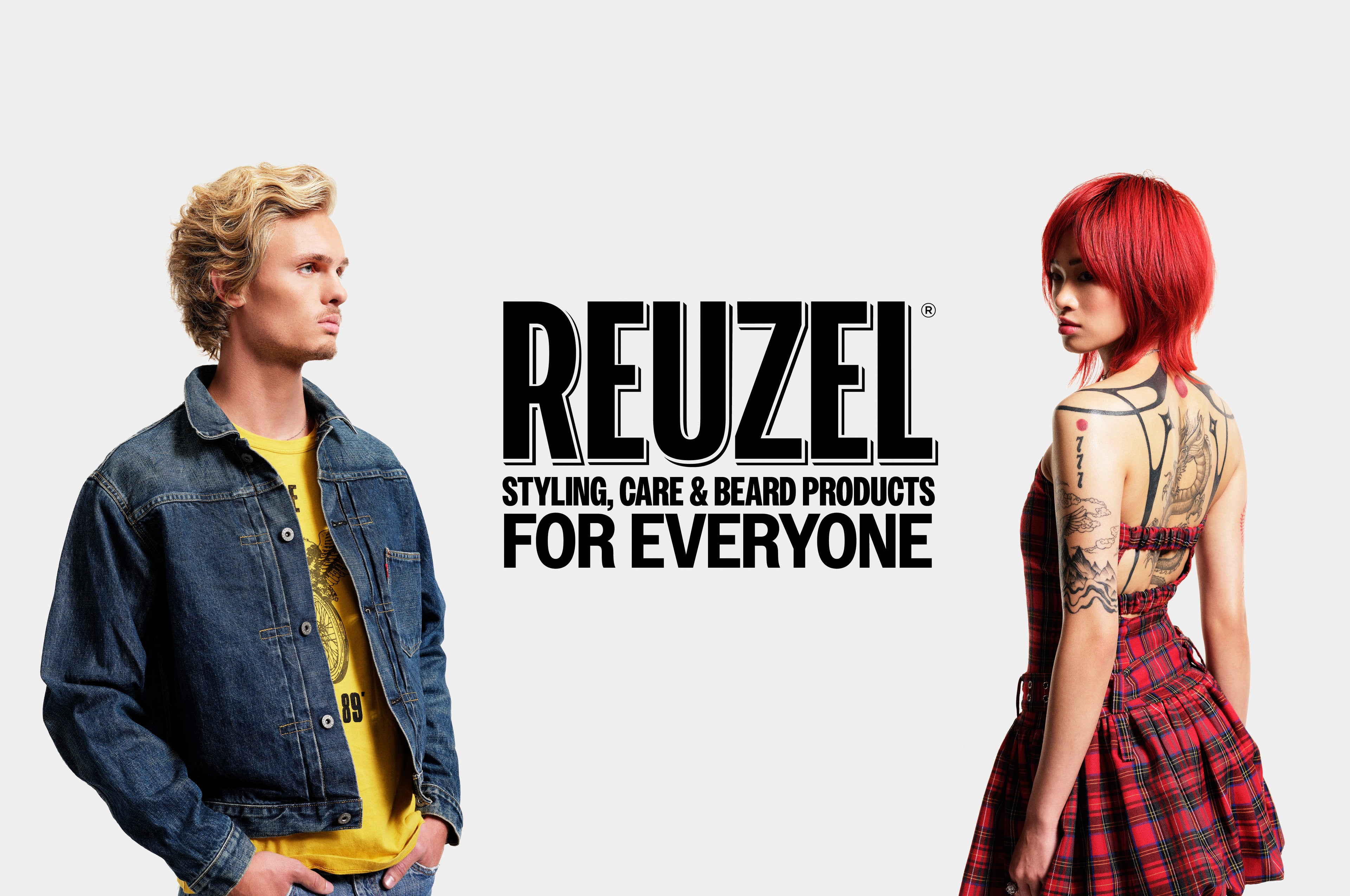 Male and female model in front of REUZEL logo. "REUZEL - styling, care & beard products for everyone." CLICK HERE TO SHOP ALL