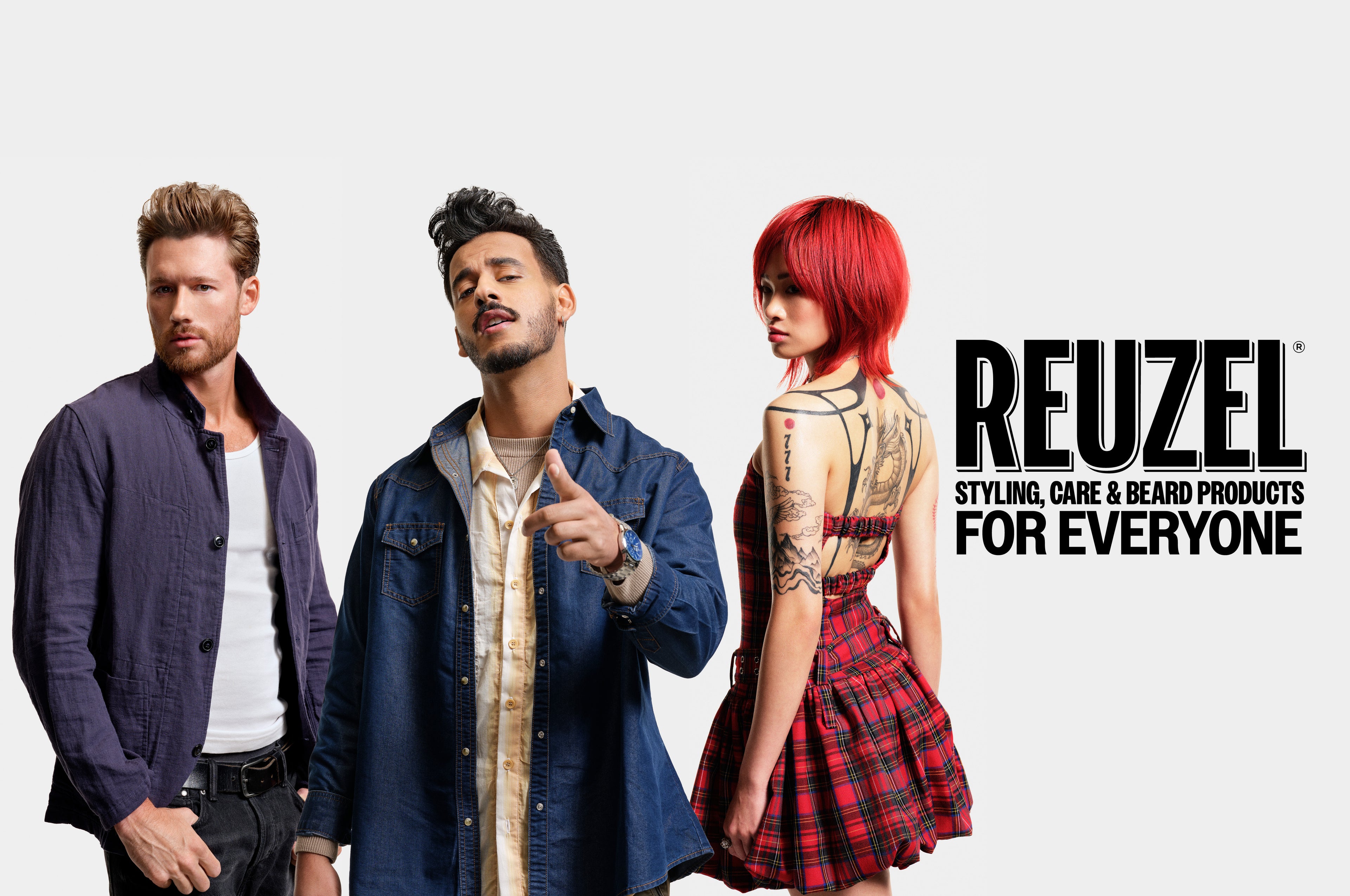 REUZEL Styling, Care & Beard Products for Everyone - Two male and one female model with styled hair. Click here to shop all.