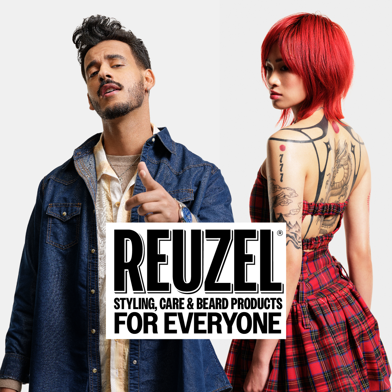 REUZEL Styling, Care & Beard Products for Everyone - Two male and one female model with styled hair. Click here to shop all.