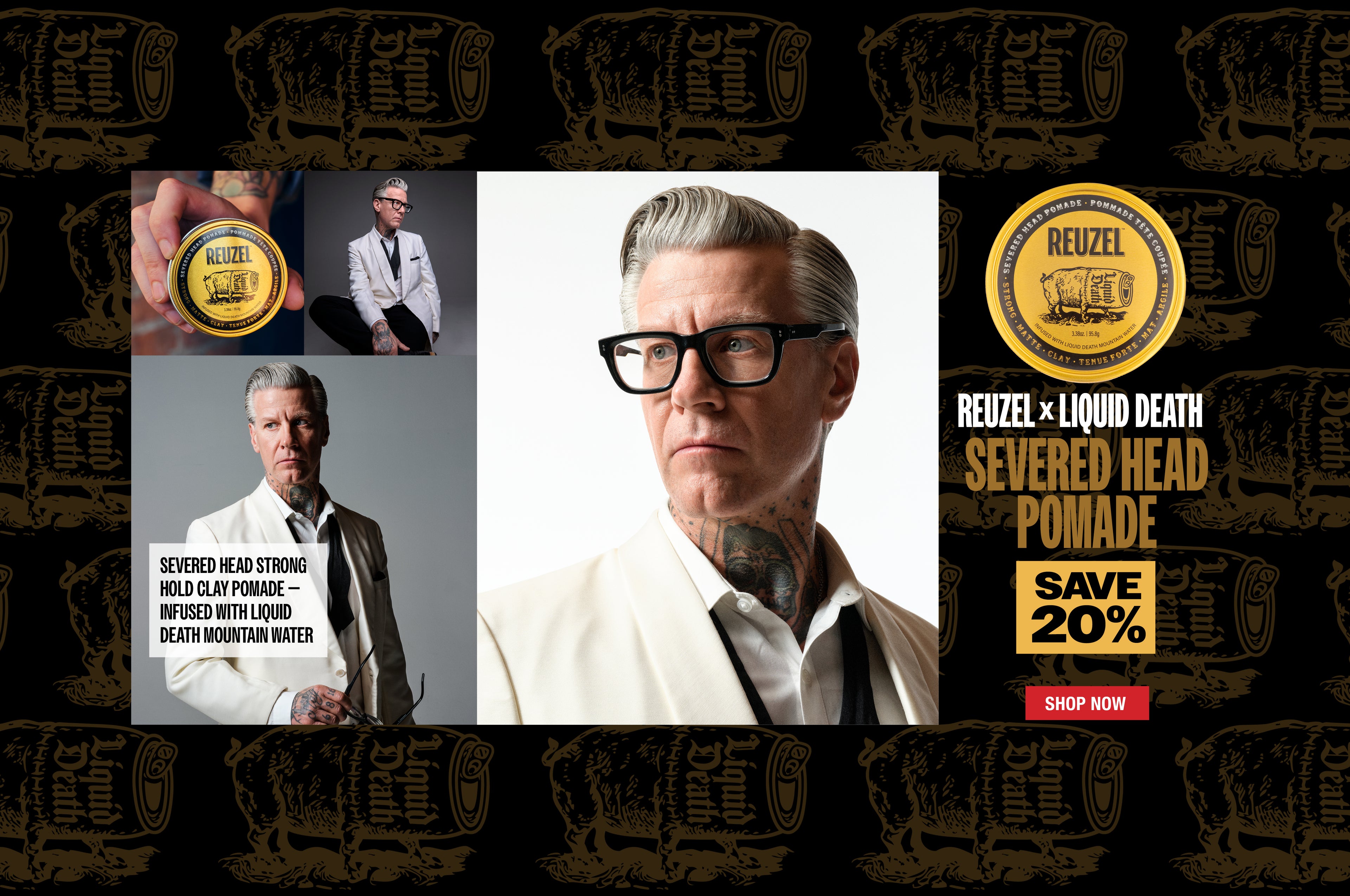 Model with white and grey hair and styled hair. "Severed Head strong hold clay pomade - infused with liquid death mountain water" Reuzel x Liquid death severed Head Pomade. Save 20%" Click to shop now.