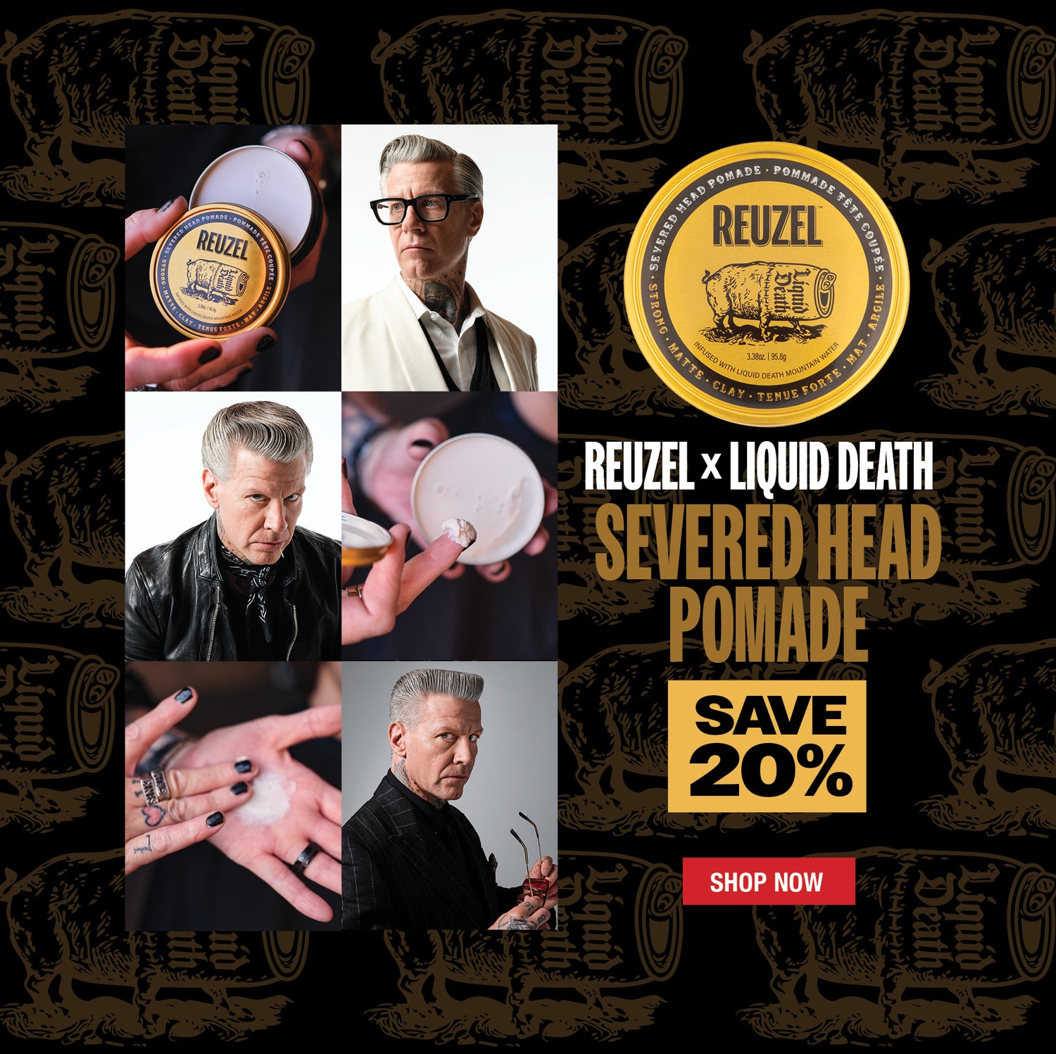 Model with white and grey hair and styled hair. "Severed Head strong hold clay pomade - infused with liquid death mountain water" Reuzel x Liquid death severed Head Pomade. Save 20%" Click to shop now.