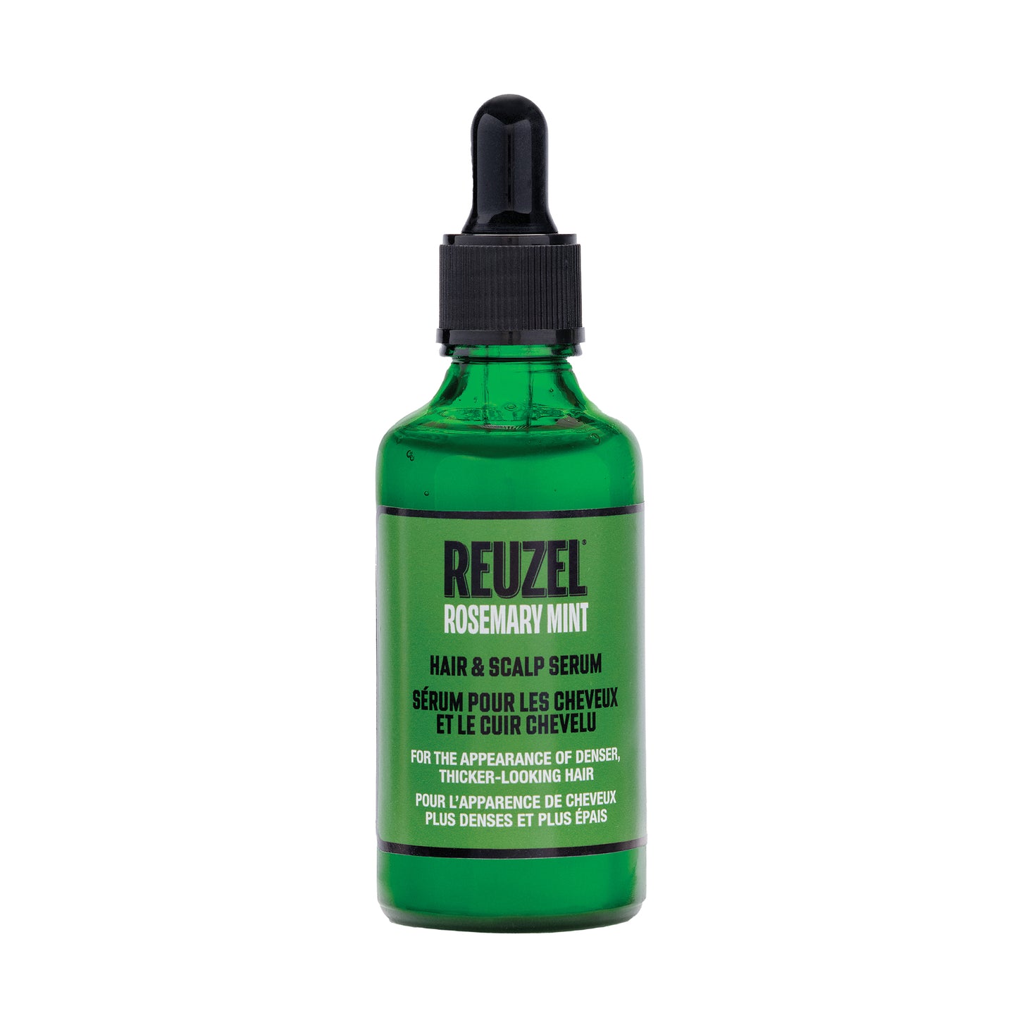 A green glass dropper bottle of REUZEL Rosemary Mint Hair & Scalp Serum on a plain white background.