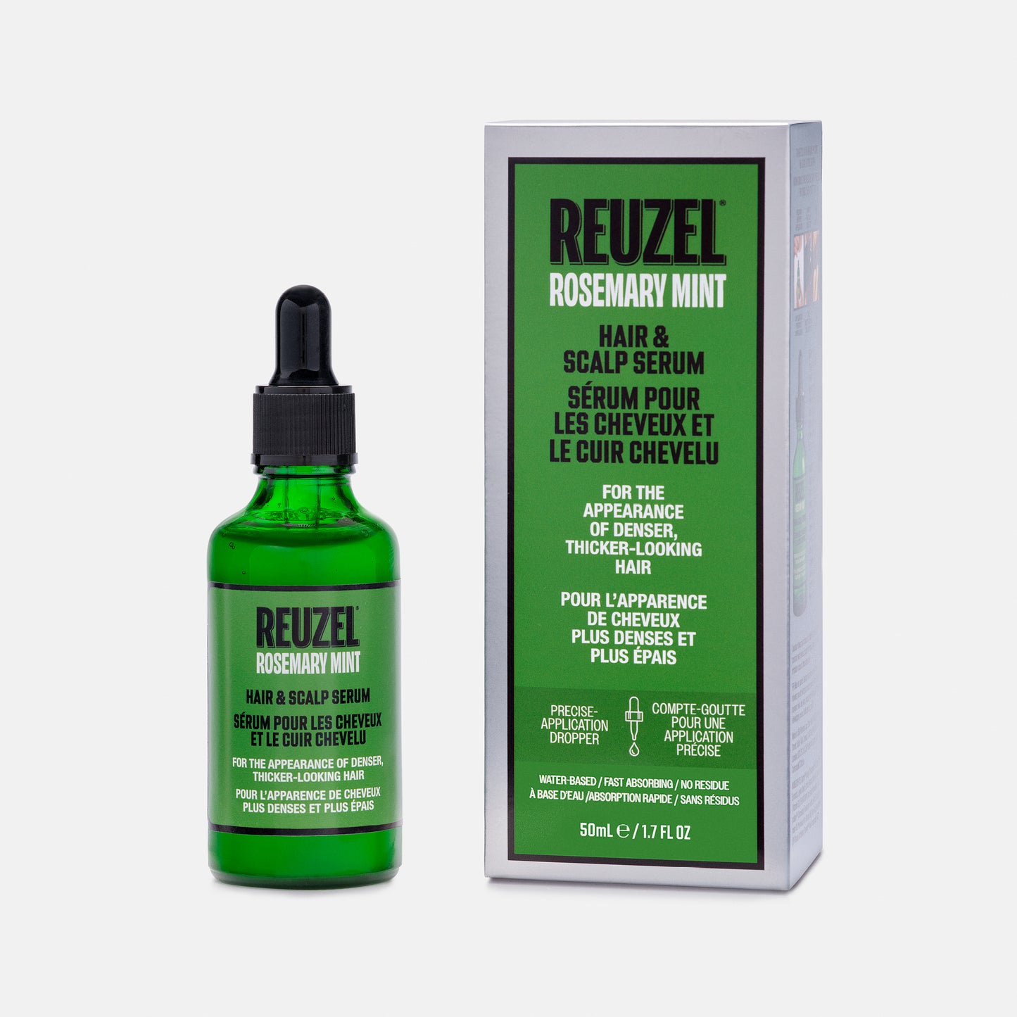 REUZEL Rosemary Mint Hair & Scalp Serum shown as a green glass dropper bottle next to its green and white retail box on a light gray background.