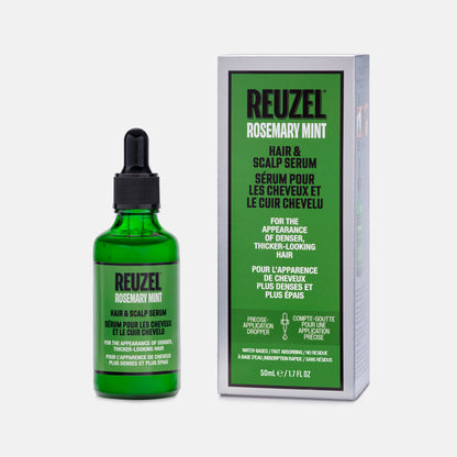 REUZEL Rosemary Mint Hair & Scalp Serum shown as a green glass dropper bottle next to its green and white retail box on a light gray background.