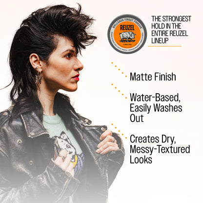 A promotional graphic for REUZEL Orange Extreme Pomade. featuring a female model in profile wearing a black leather jacket, with text highlighting matte finish, water-based washability, and messy-textured styling.