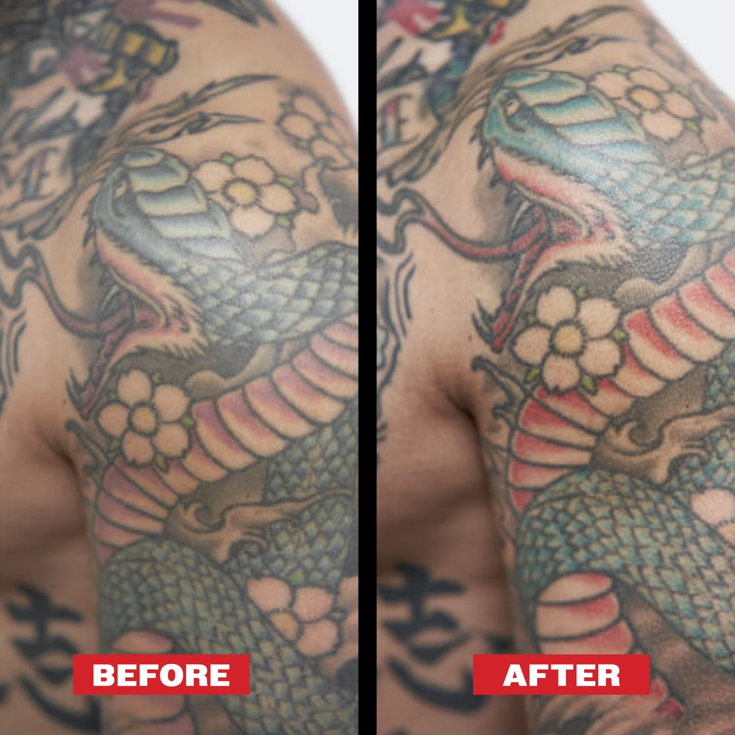 Before and after comparison of a detailed snake and floral tattoo on a person's arm. The after is more saturated and defined. REUZEL TAT Buff Exfoliating Wash