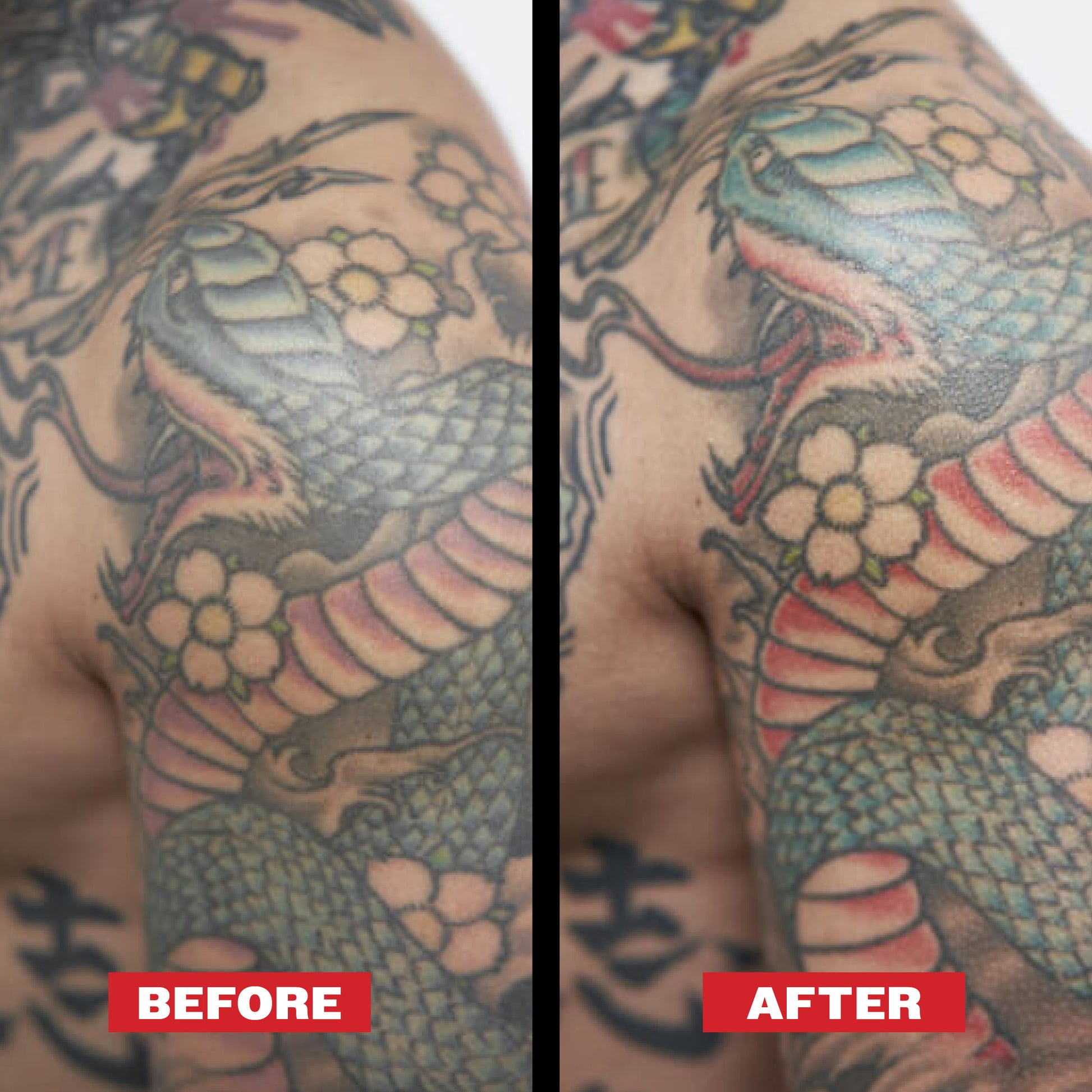 Before and after comparison of a detailed snake and floral tattoo on a person's arm. The after is more saturated and defined. REUZEL TAT Buff Exfoliating Wash