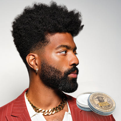 Man with brown hair and beard styled with Wood & Spice Beard Balm REUZEL 