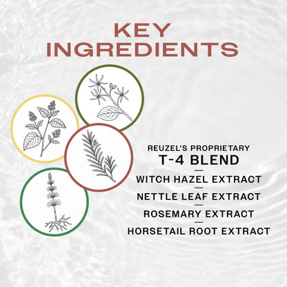 Key Ingredients of REUZEL beard foam.  REUZEL'S T4 blend of witch hazel, nettle leaf, rosemary and horsetail extract for hair health 