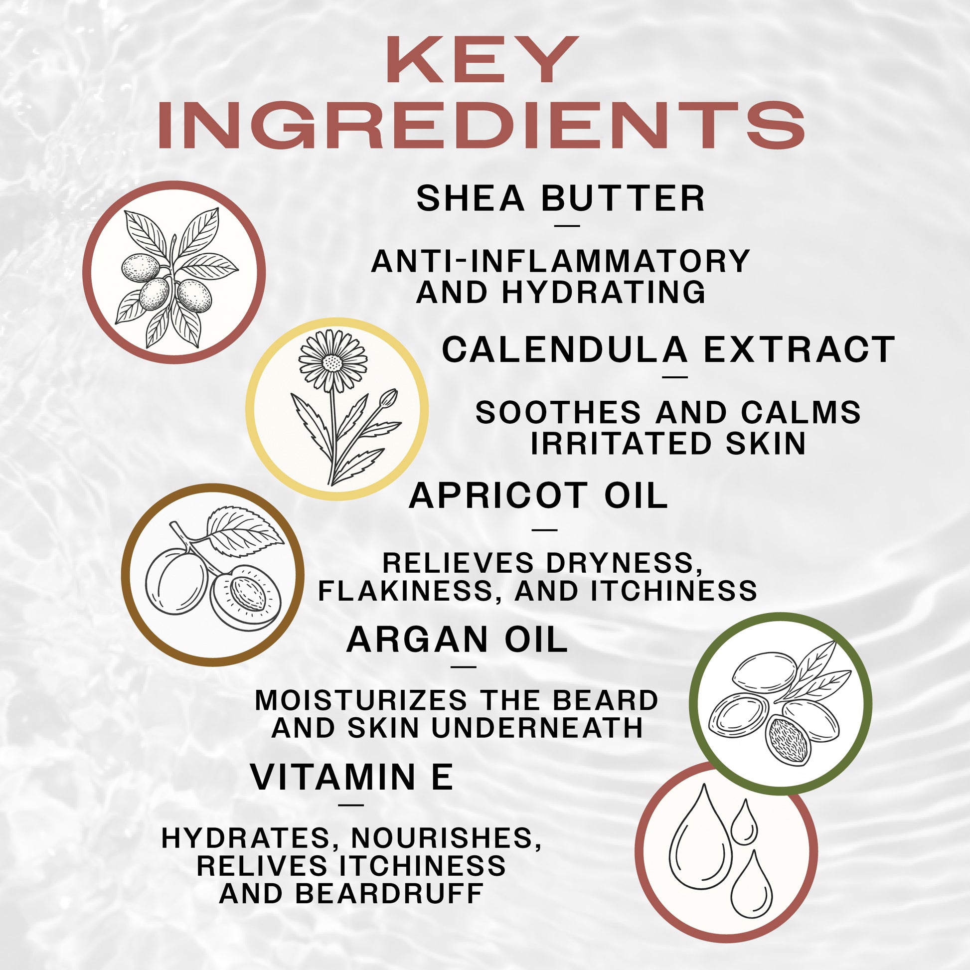 Key Ingredients of REUZEL Beard Serum. Shea butter hydrates, calendula extract soothes, apricot oil relieves dryness, argan oil moisturizes the skin, and vitamin E nourishes. 