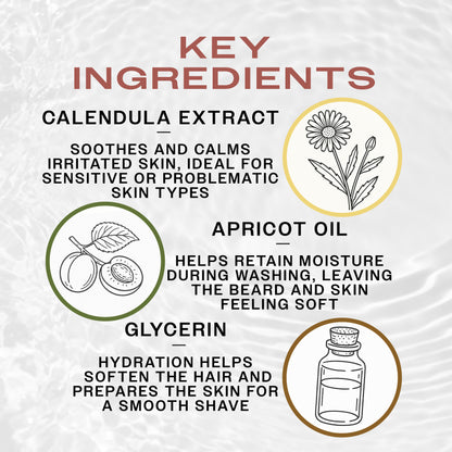 Key Ingredients of REUZEL Beard Wash. Calendula Extract soothes skin, apricot oil retains moisture and glycerin smoothens the hair