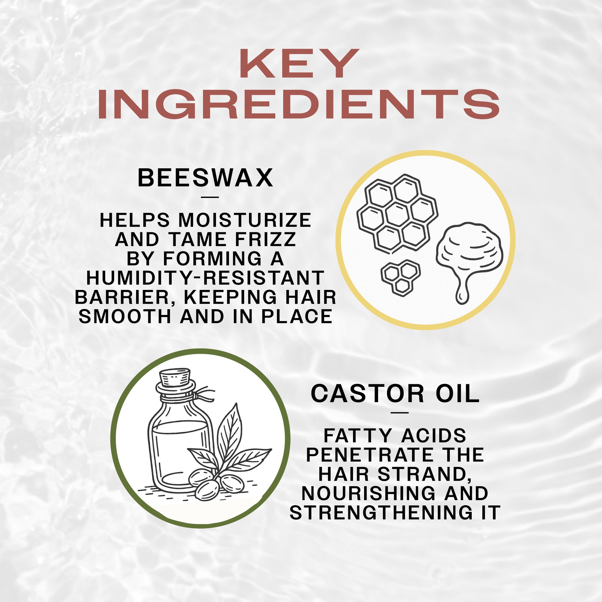 Key ingredients REUZEL Grooming Cream. BEESWAX smoothens the hair and Castor Oil nourishes the hair.