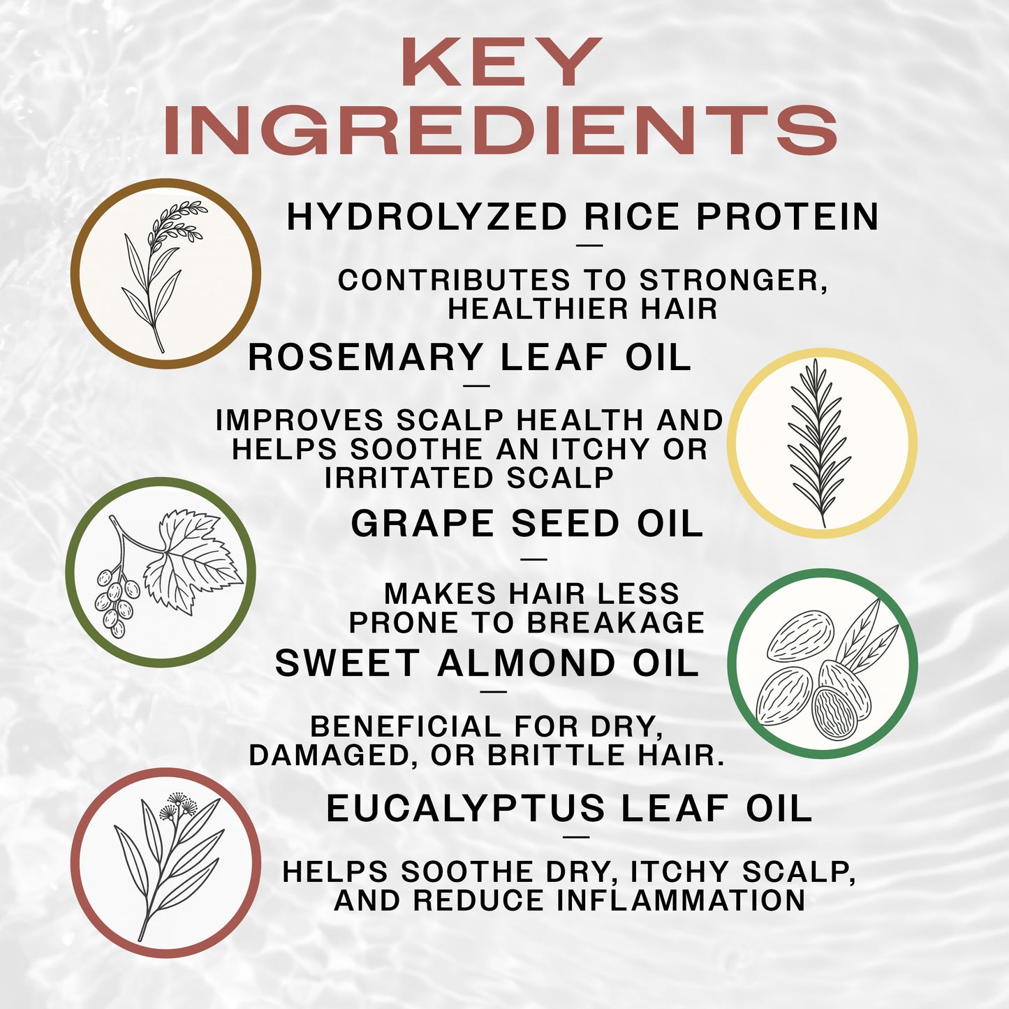 Key Ingredients of REUZEL Rosemary Mint Hydrating Styling Cream. Hydrolyzed Rice Protein contributes to healthier hair, Rosemary Leaf Oil improves scalp health. Sweet Almond oil prevents breakage, and Eucalyptus Leaf Oil reduces inflammation.