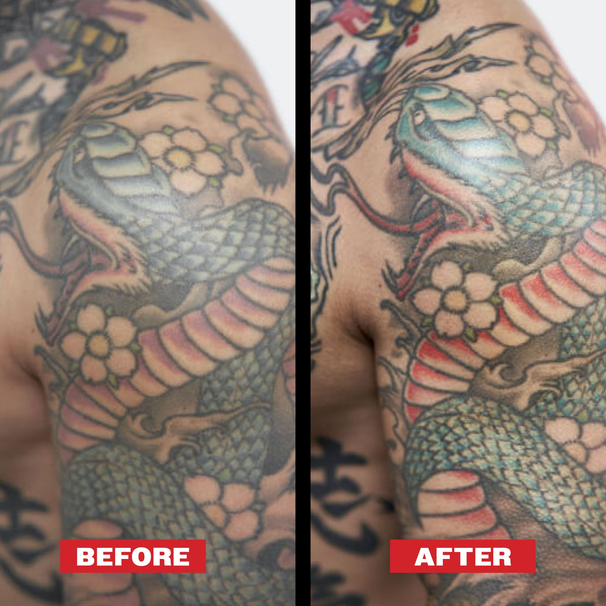 Before and after comparison of a detailed snake and floral tattoo on a person's arm. The after is more saturated and defined. HYDRABALM Tattoo Balm-Tattoo Aftercare Products-REUZEL
