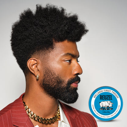 Man with Brown Textured Curly Hair Styled with Blue Pomade REUZEL Strong Hold Water Soluble Pomade