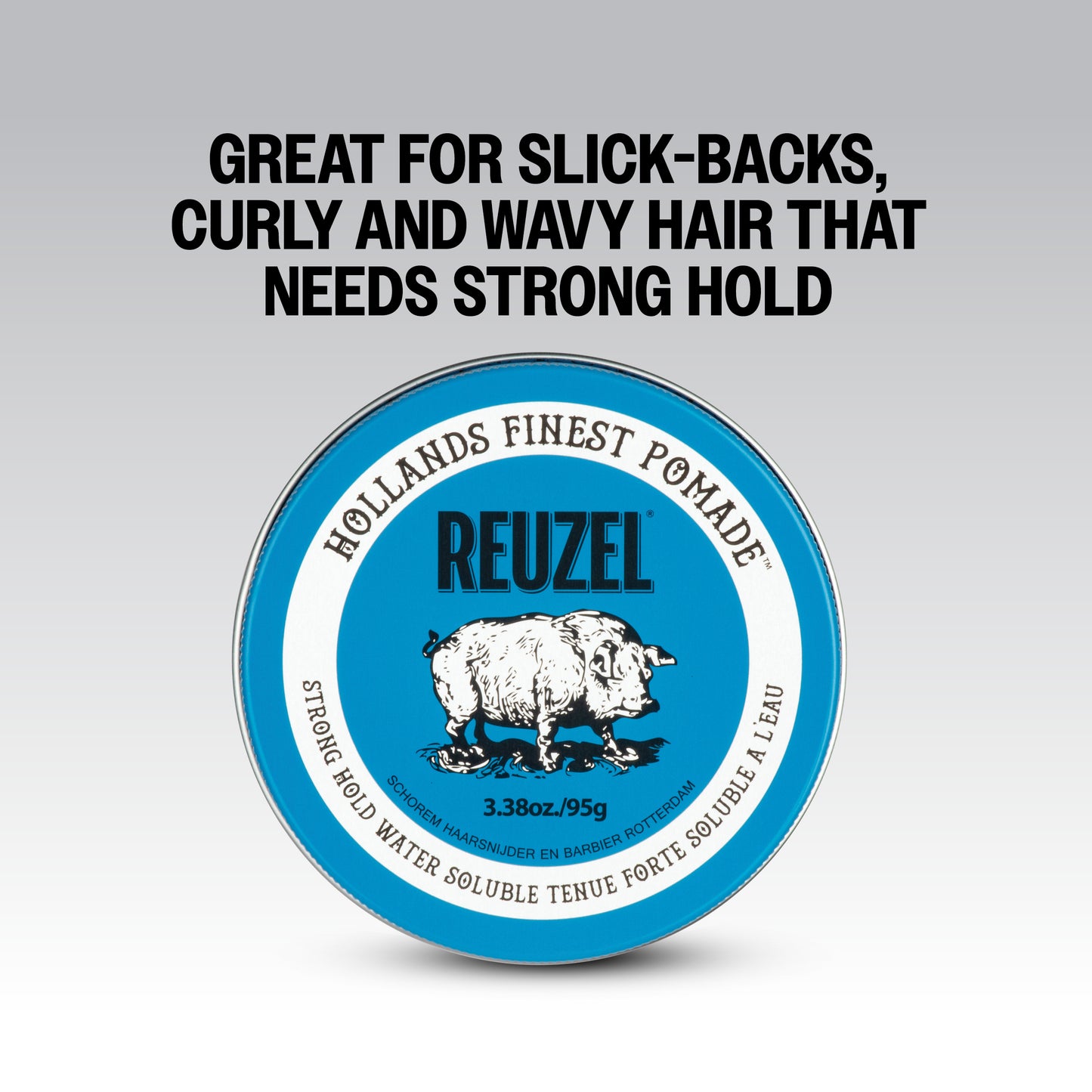 Great For Slick - Backs, Curly and Wavy Hair that Needs Strong Hold. REUZEL Blue Strong Hold Water Soluble Pomade.