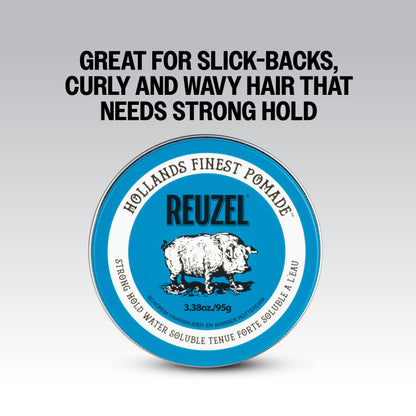 Great For Slick - Backs, Curly and Wavy Hair that Needs Strong Hold. REUZEL Blue Strong Hold Water Soluble Pomade.