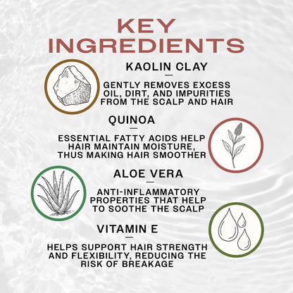 Key Ingredients of REUZEL Clay Matte Pomade. Kaolin Clay removes excess oil, Quinoa smoothens hair, Aloe Vera soothes the scalp, Vitamin E reduces breakage