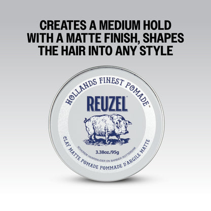 Creates a Medium Hold with a Matte Finish, Shapes the Hair into Any Style. REUZEL Clay Matte Pomade.