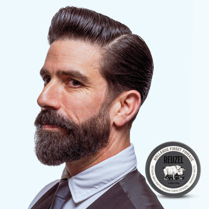 Man with brown hair styled with Extreme Hold Matte Pomade by REUZEL