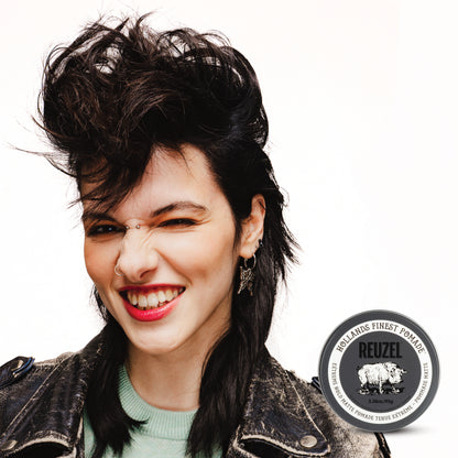 Woman with piecey hair styled with Extreme Hold Matte Pomade by REUZEL