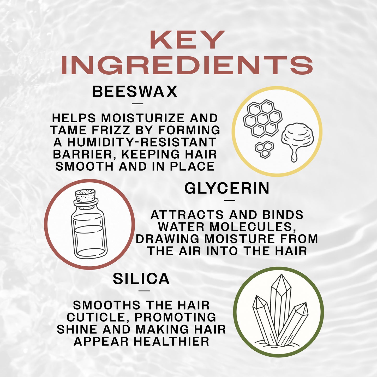 Key Ingredients in REUZEL Fiber Pomade. Beeswax smoothens the hair, Glycerin moisturizes and Silica adds shine.