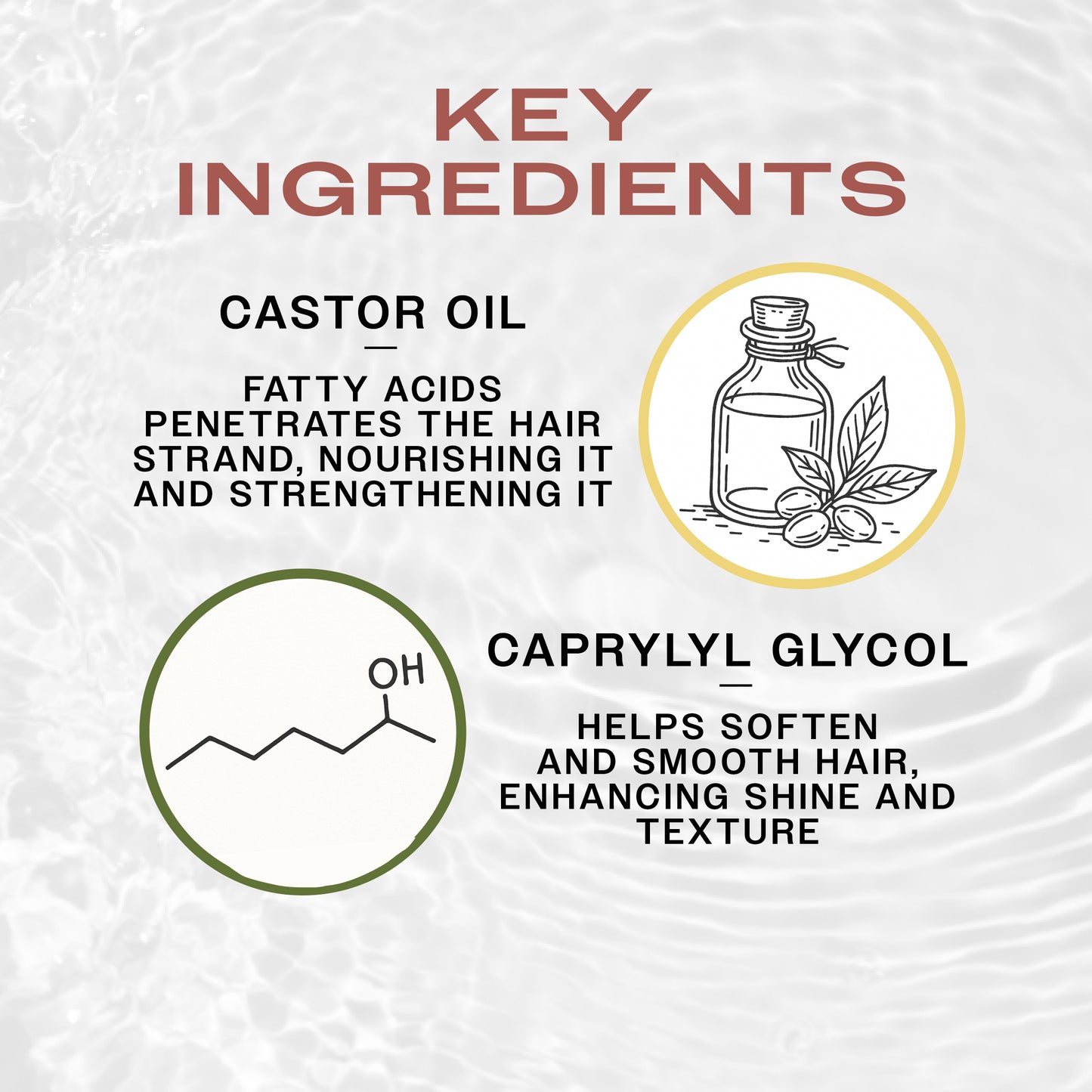 Key Ingredients of REUZEL Red Water-Soluble High Shine Pomade. Castor Oil to nourish the hair and Caprylyl Glycol to add shine