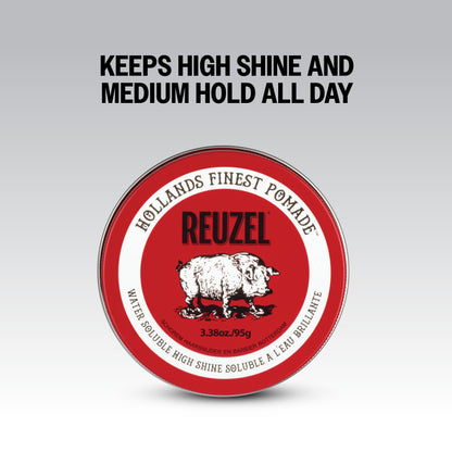 Keeps High Shine and Medium Hold All Day REUZEL Red Water-Soluble High Shine Pomade
