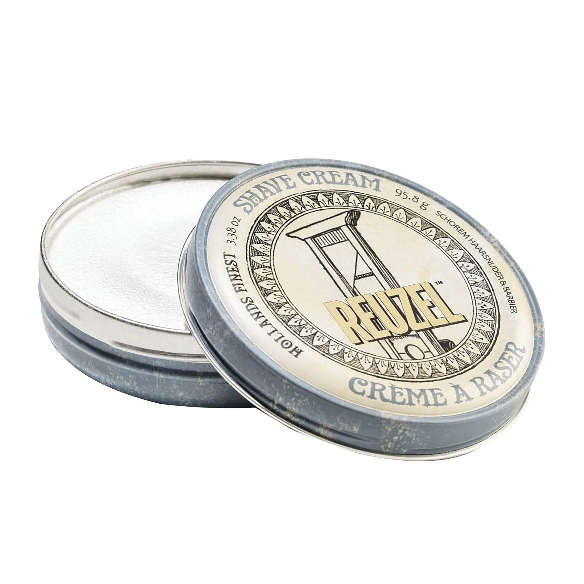 Reuzel shaving cream tin with lid on a white background