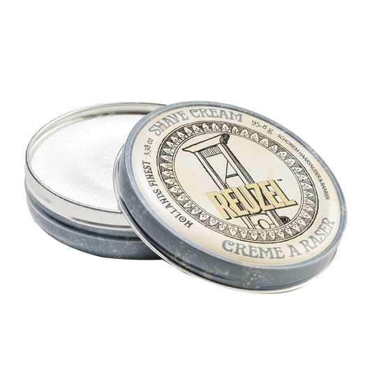 Reuzel shaving cream tin with lid on a white background