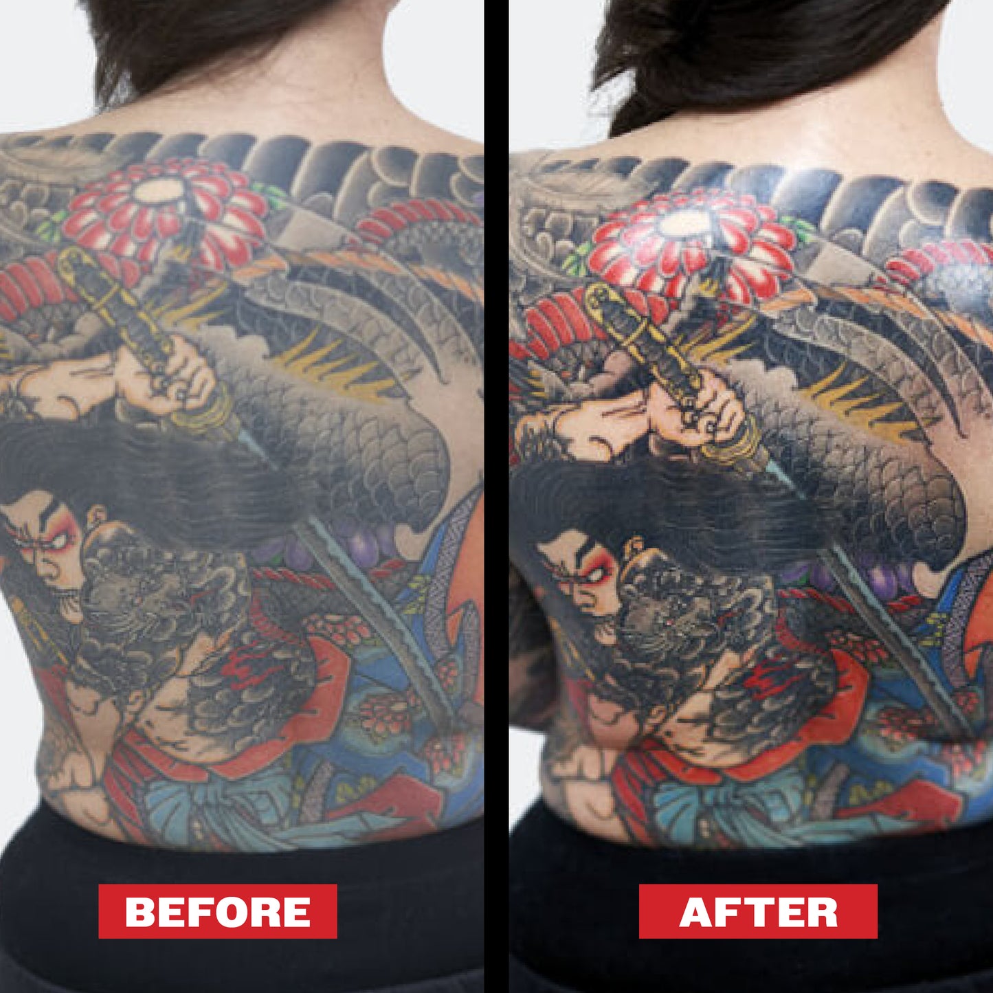 Before and after comparison of a detailed tattoo on a person's back. After image is much more saturated, vibrant, and shiny. Person used REUZEL TAT SHINE Spray Tattoo Aftercare Products to achieve result.