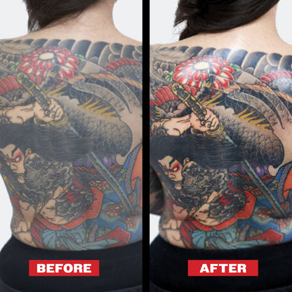 Before and after comparison of a detailed tattoo on a person's back. After image is much more saturated, vibrant, and shiny. Person used REUZEL TAT SHINE Spray Tattoo Aftercare Products to achieve result.