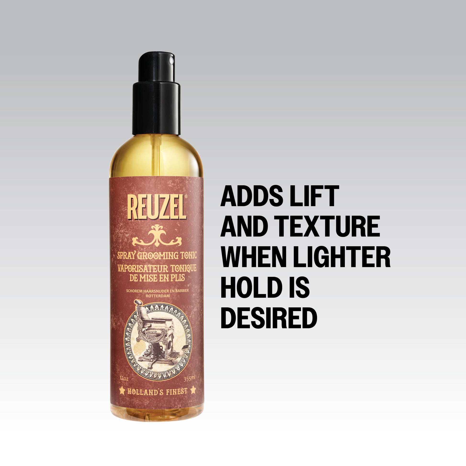 REUZEL Spray Grooming Tonic adds lift and texture when lighter hold is desired.