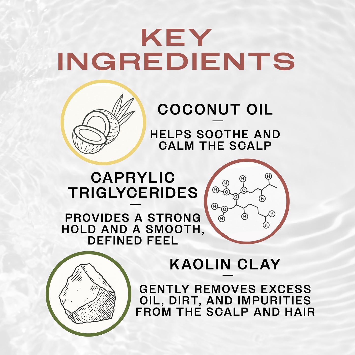 Key Ingredients of REUZEL Surf cream. Coconut oil calms the scalp, caprylic triglycerides provide a strong hold, Kaolin Clay removes excess oil.