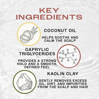 Key Ingredients of REUZEL Surf cream. Coconut oil calms the scalp, caprylic triglycerides provide a strong hold, Kaolin Clay removes excess oil.