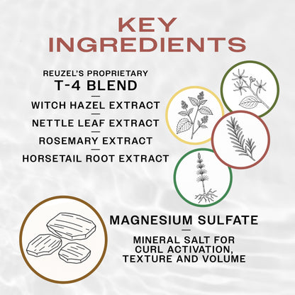 Reuzelinc Surf Tonic Salt Spray Key Ingredients:  REUZEL'S Proprietary T-4 Tonic Blend: Witch Hazel Extract, Nettle Leaf Extract, Rosemary Extract, Horsetail Root Extract; Magnesium Sulfate: mineral salt for curl activation, texture and volume.