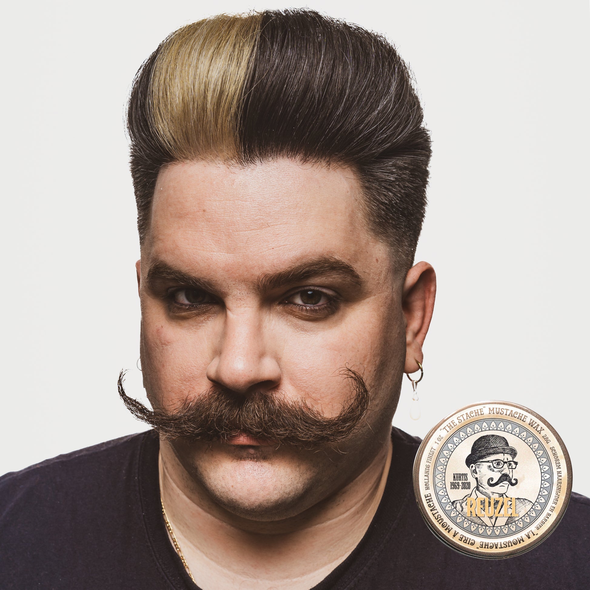 Reuzel Bourbon Sidecar Mustache Wax used on a male model with a styled mustache