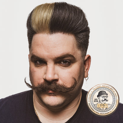 Reuzel Bourbon Sidecar Mustache Wax used on a male model with a styled mustache