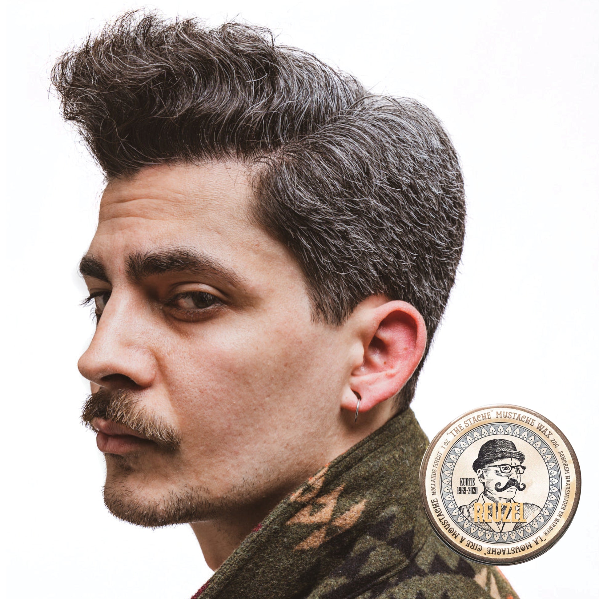 Reuzel Bourbon Sidecar Mustache Wax used on a male model with a styled mustache
