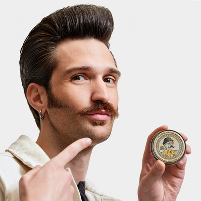 Reuzel Bourbon Sidecar Mustache Wax used on a male model with a styled mustache
