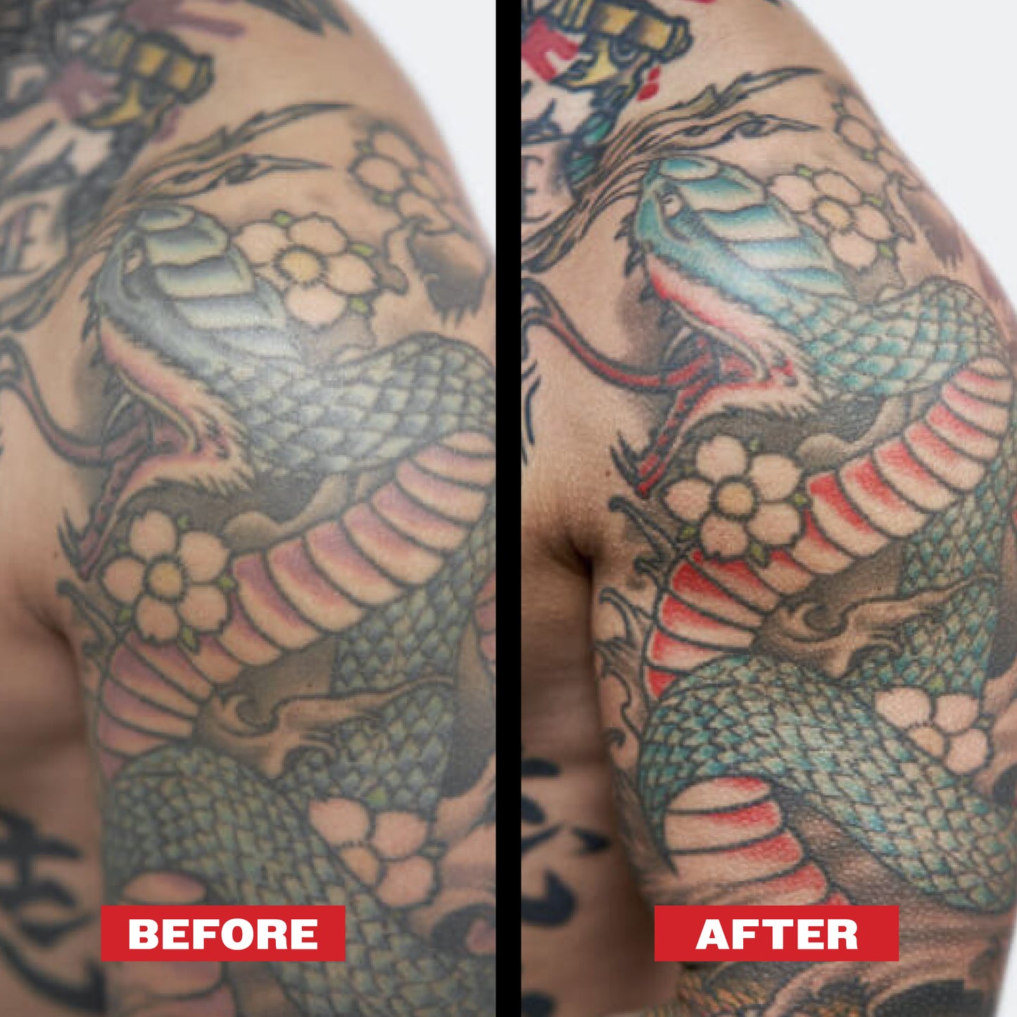 Before and after comparison of a detailed snake tattoo on a person's arm. Person used REUZEL TAT Vivid Gel for more saturation and clarity.