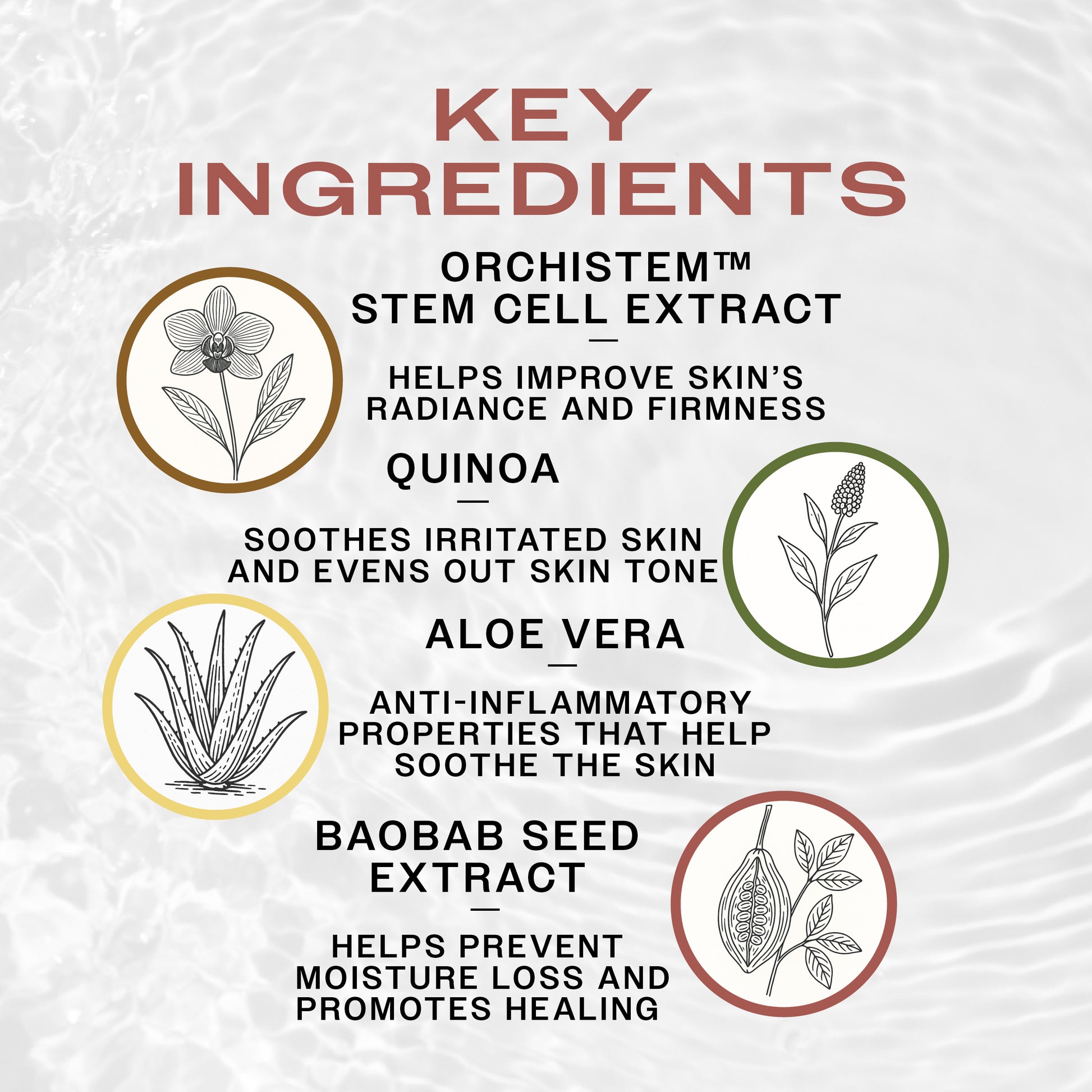 Key Ingredients of REUZEL TAT Vivid Gel. Orchistem Stem Cell Extract improves skin firmness, quinoa soothes skin, aloe vera has anti-inflammatory properties and baobab seed extract helps prevent moisture loss.