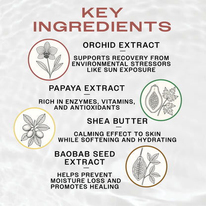 Key Ingredients
Orchid Extract supports recovery from environmental stress like sun exposure
Papaya Extract rich in enzymes, vitamins, and antioxidants
Shea Butter calming effect to skin while softening and hydrating 
Baobab seed extract helps prevent moisture loss and promotes healing
