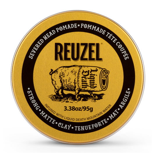 Reuzel x Liquid Death Severed Head clay pomade container with label and black lid, product shot showcasing packaging details.