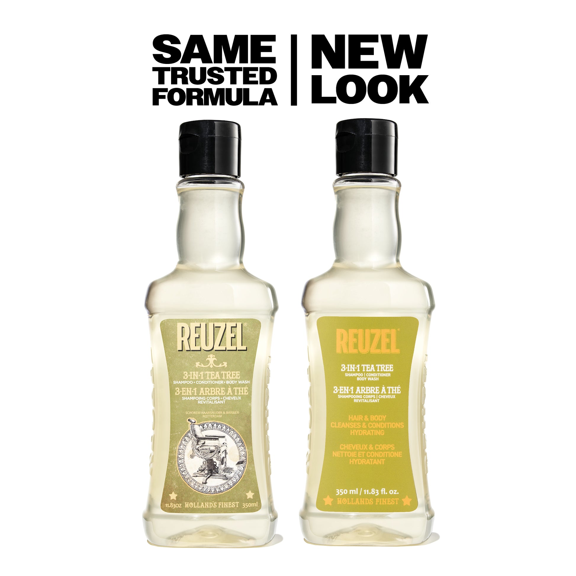 Two bottles of Reuzel 3-in-1 Tea Tree Shampoo in a bottle with text 'Same Trusted Formula, New Look'