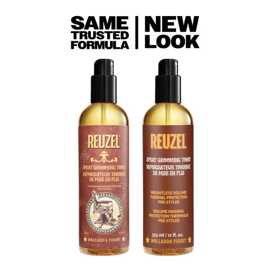 "Same trusted formula, new look" image of REUZEL spray grooming tonic bottle with old packaging next to new packaging