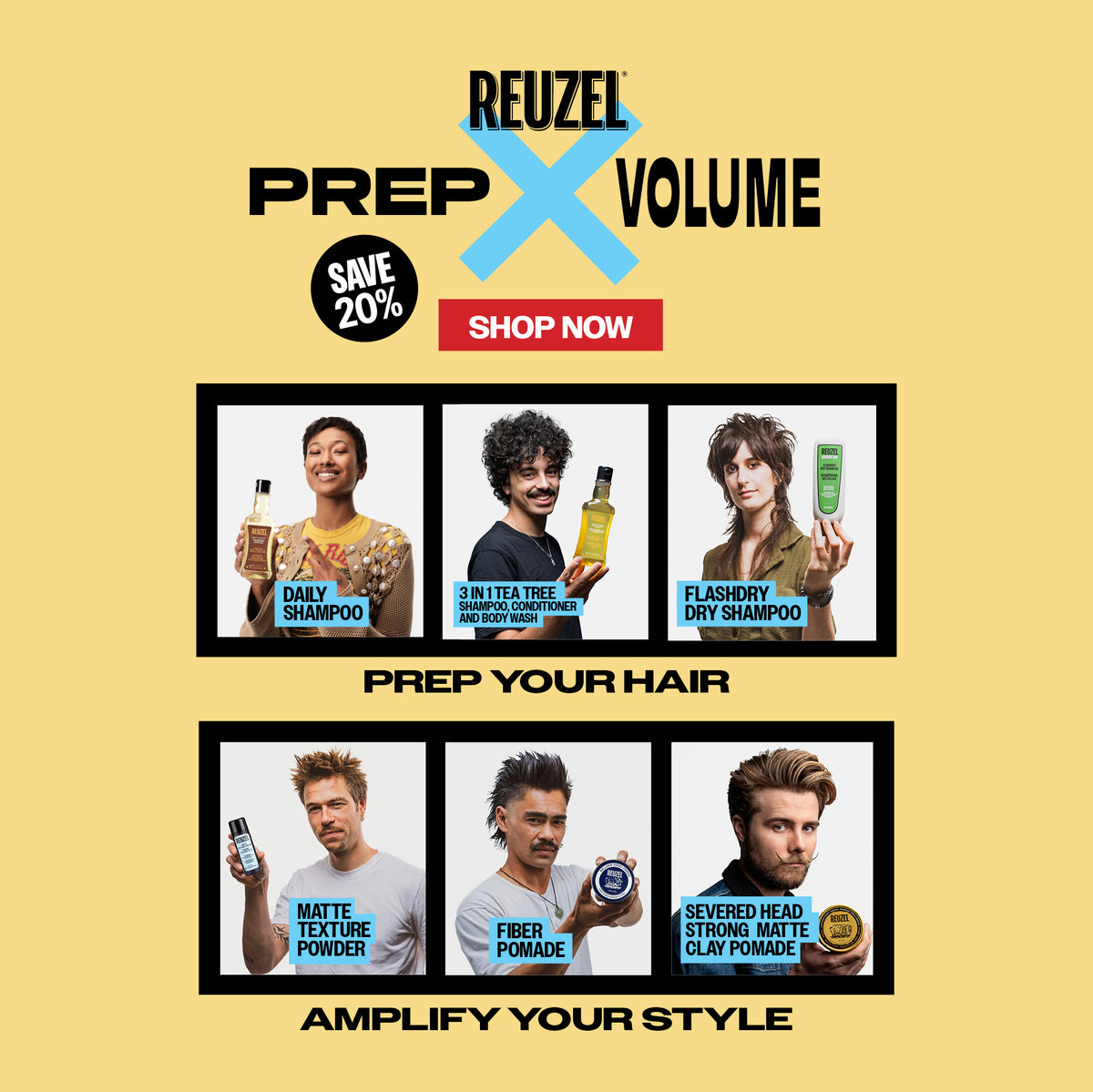 REUZEL Prep and Volume collection now 20% off. Banner reads "save 20%. Prep your hair. Amplify your style." Click to shop now